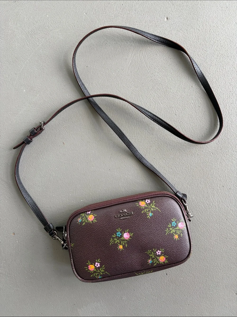 Coach Brown Coated Canvas Floral Crossbody Bag w Multicolor Blooms Style 22836